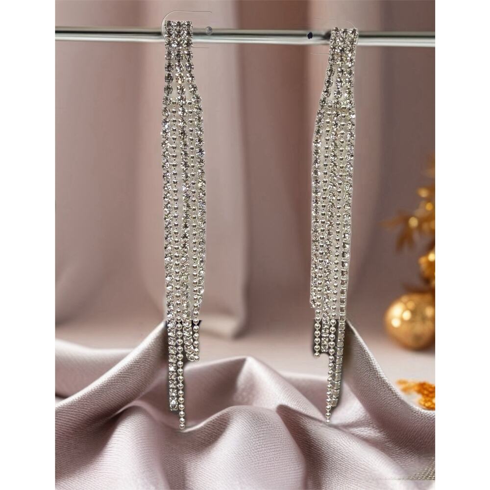 🧚🏻‍♀️ Rhinestone Fringe Earrings Silver 4” Dangle Statement Hypoallergenic NIP